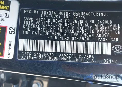 2018 Toyota Camry Se z USA, uszkodzony, nr VIN 4T1B11HK2JU143880